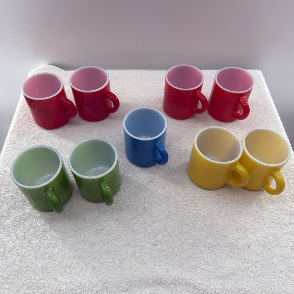 9 Vintage 1950s Milk Glass Mugs, Fired-On Bright Red, Green, Blue, Yellow Orange